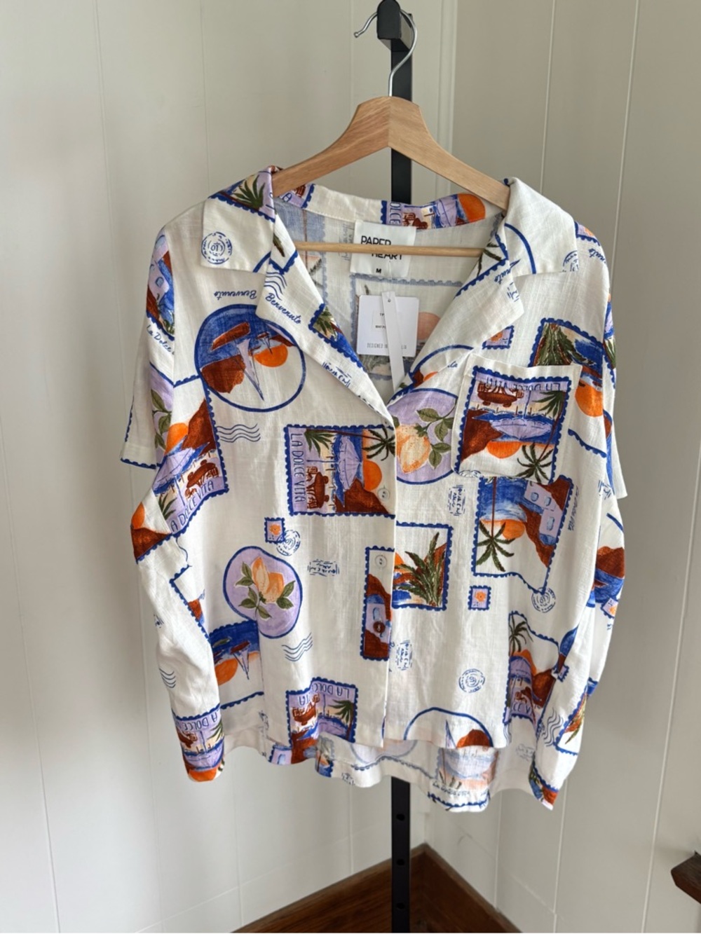 Paper Heart Tropical Stamp Print Camp Shirt Linen Blend Oversized Womens Medium - Picture 2 of 9